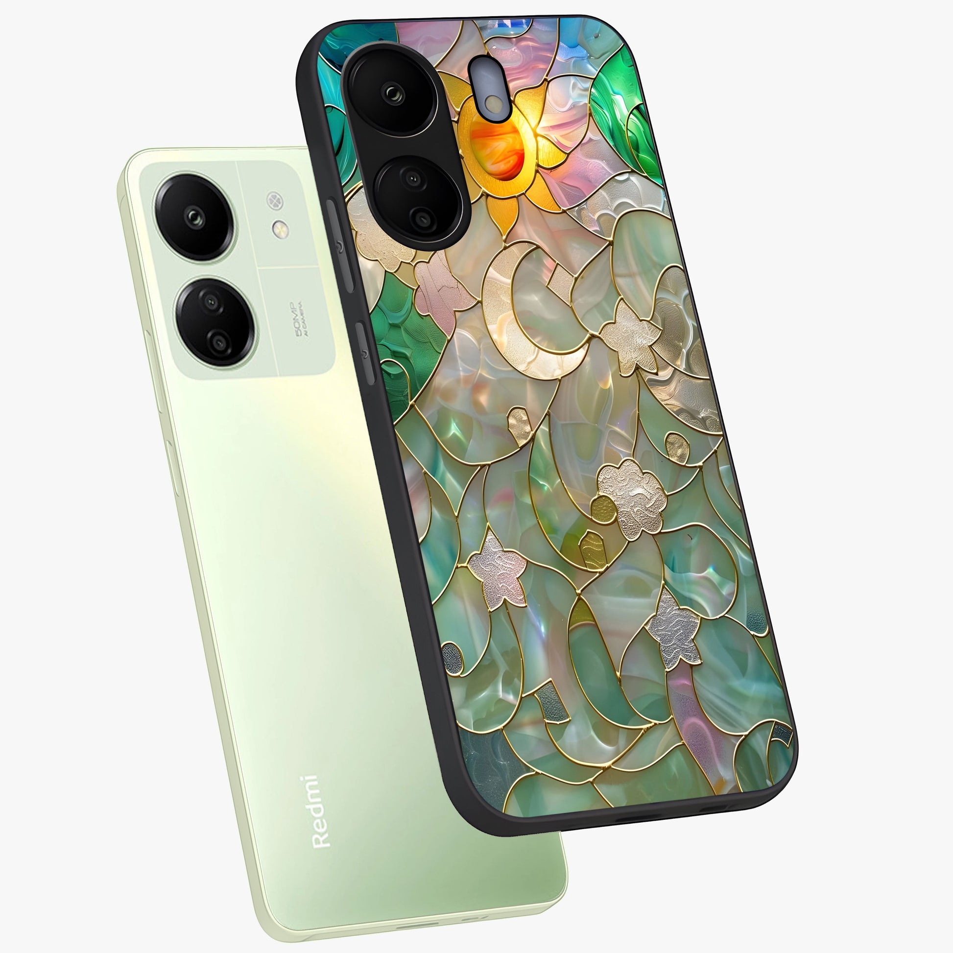 Stained Sunrise Glow Glass Case displayed in angled mockup highlighting radiant sunrise design with artistic aesthetic style.
