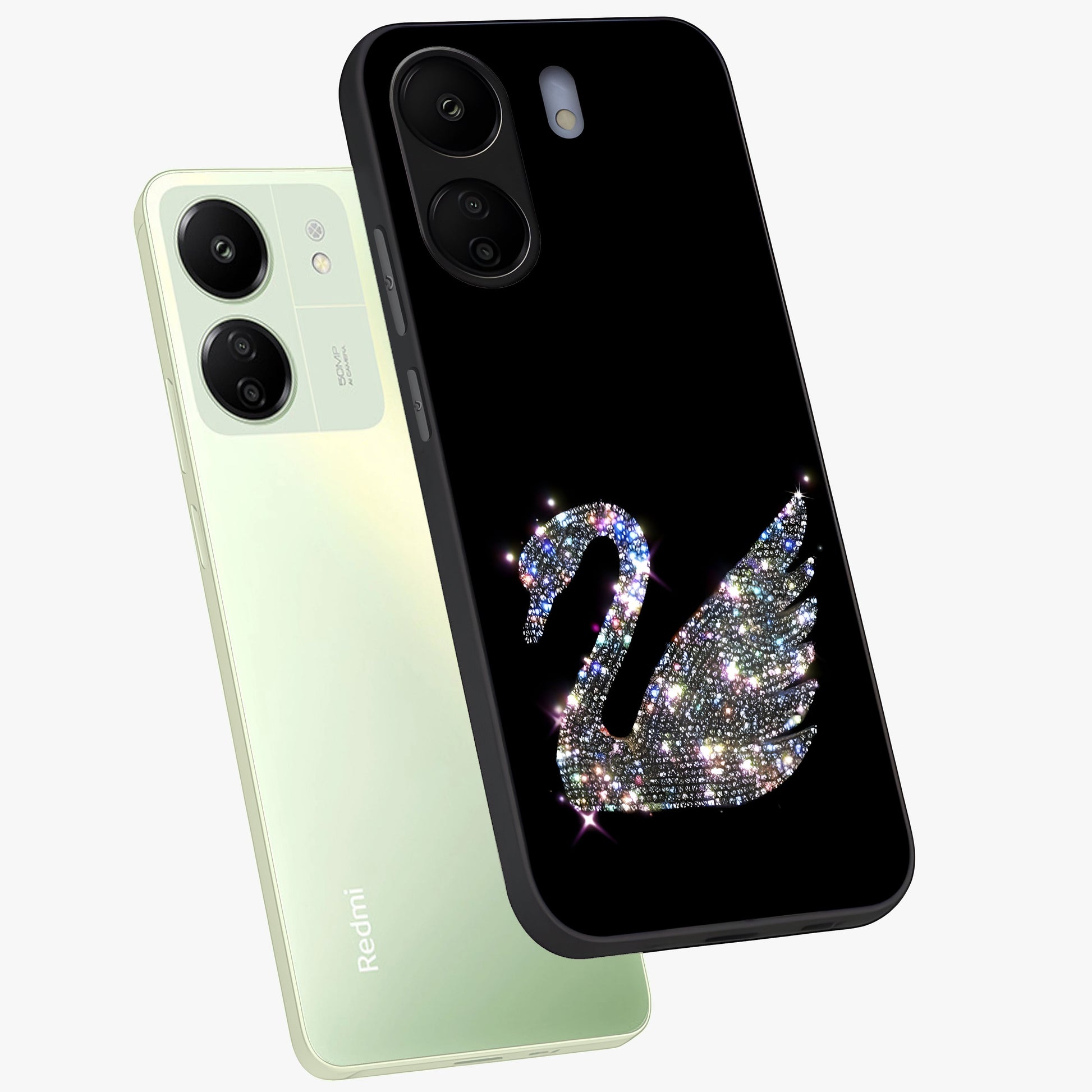 Starlit Swan Grace Glass Case displayed in angled mockup highlighting elegant swan illustration with dreamy celestial aesthetic.
