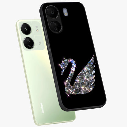 Starlit Swan Grace Glass Case displayed in angled mockup highlighting elegant swan illustration with dreamy celestial aesthetic.