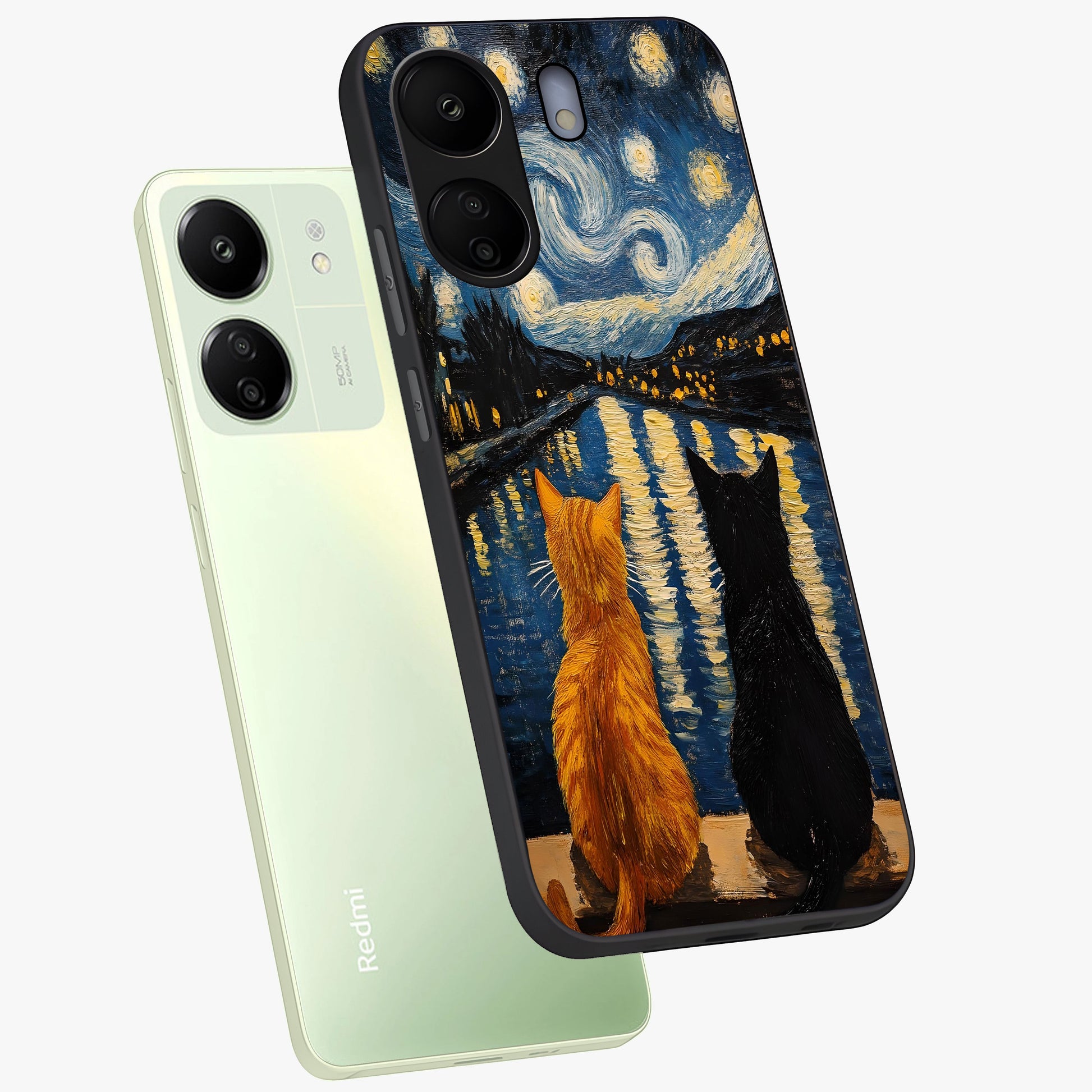 Starry River Cats Glass Case displayed in angled mockup highlighting charming feline illustration with dreamy night aesthetic.