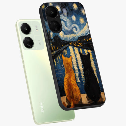 Starry River Cats Glass Case displayed in angled mockup highlighting charming feline illustration with dreamy night aesthetic.