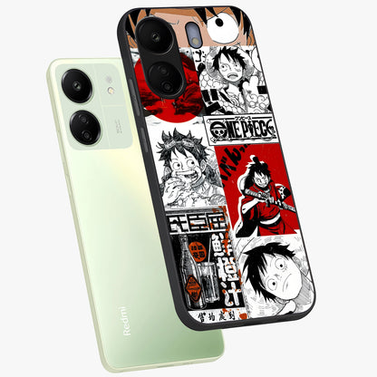 Strawhat Chaos Panels Glass Case displayed in angled mockup highlighting vibrant anime collage design with action aesthetic.