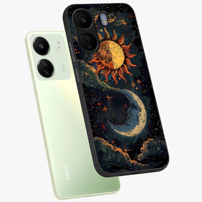 Sun And Moon Magic Design Glass Case displayed in angled mockup highlighting celestial design with magical cosmic aesthetic.