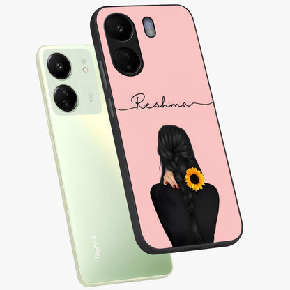 Sunflower Braid Beauty With Custom Name Glass Case displayed in angled mockup highlighting elegant sunflower design with custom name feature.