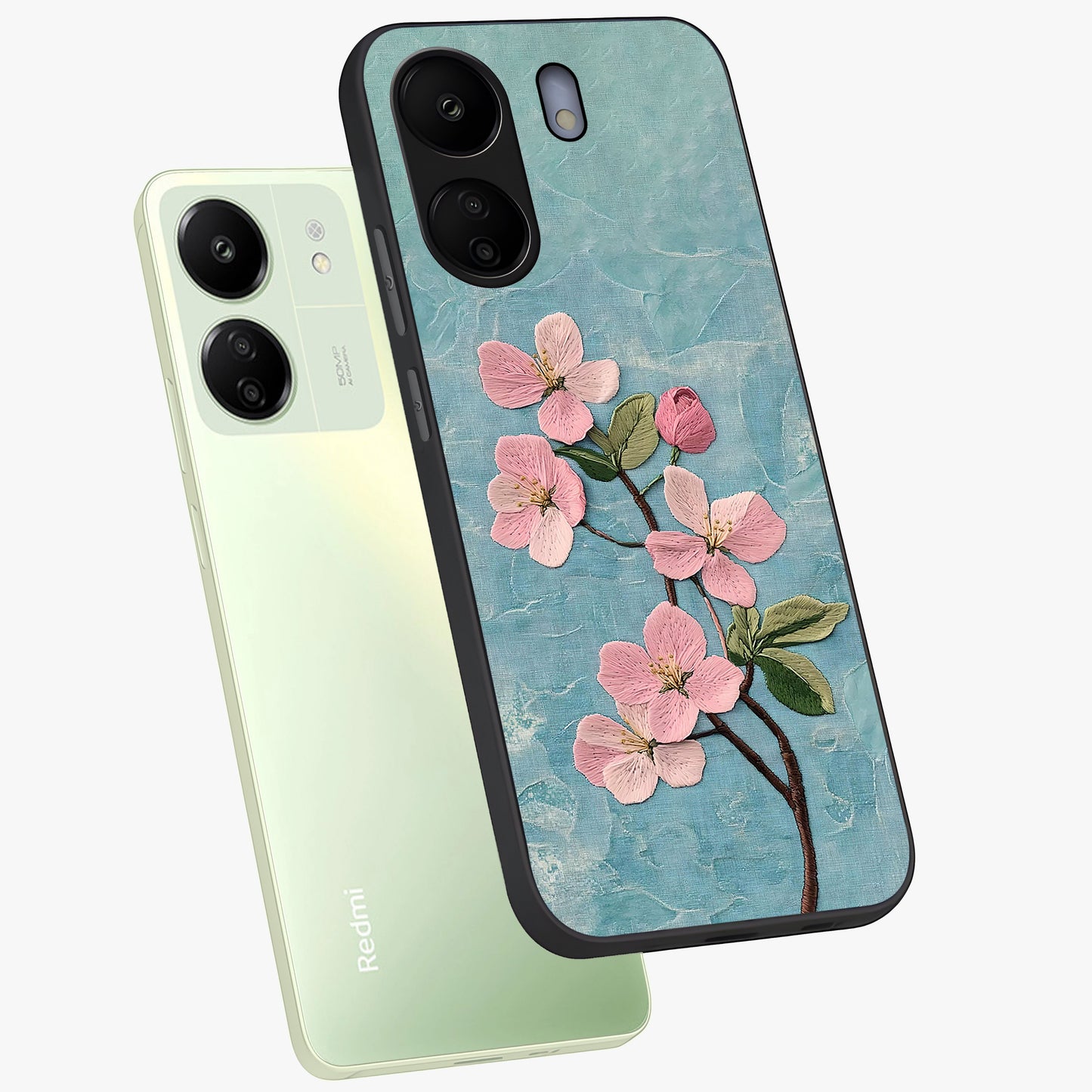 Threaded Blossom Breeze Glass Case displayed in angled mockup highlighting elegant floral design with soft aesthetic style.