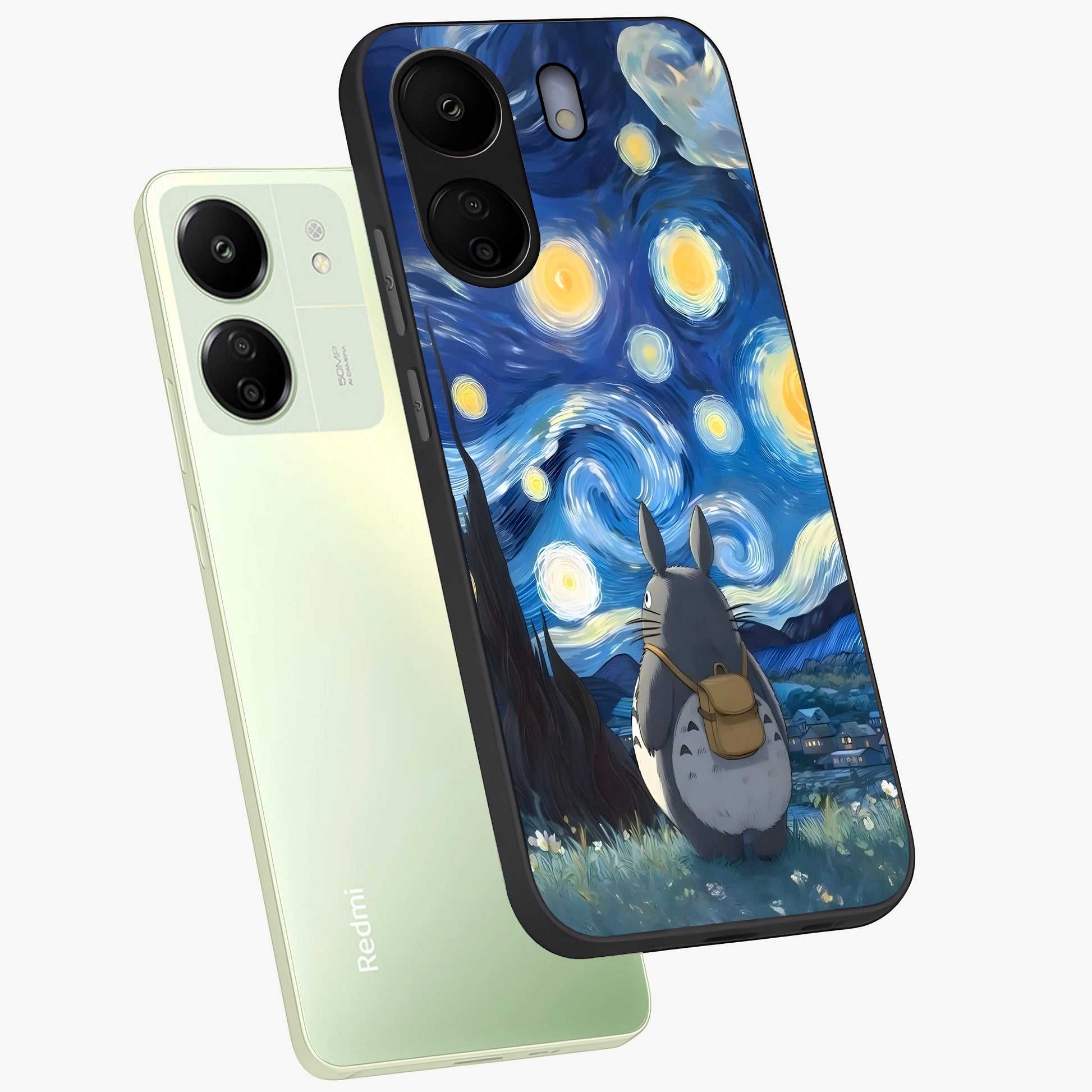 Totoro In Van Gogh Art Glass Case displayed in angled mockup highlighting artistic swirling sky design with playful animation aesthetic.