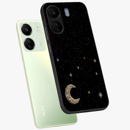 Twinkle Star With Half Moon Glass Case displayed in angled mockup highlighting celestial moon and star design with magical aesthetic.