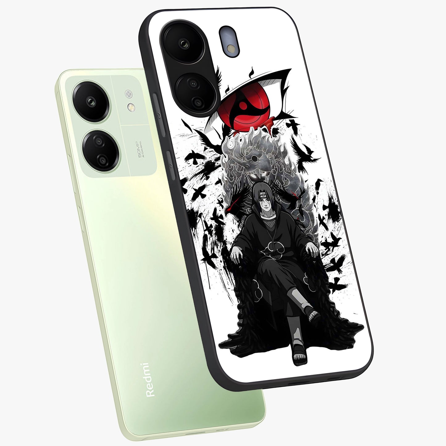 Uchiha Shadow Throne Glass Case displayed in angled mockup highlighting glowing aquatic design with celestial aesthetic.