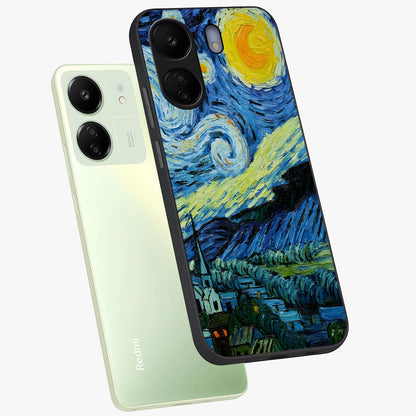 Van Gogh Art Glass Case displayed in angled mockup highlighting swirling brushstroke design with artistic aesthetic.