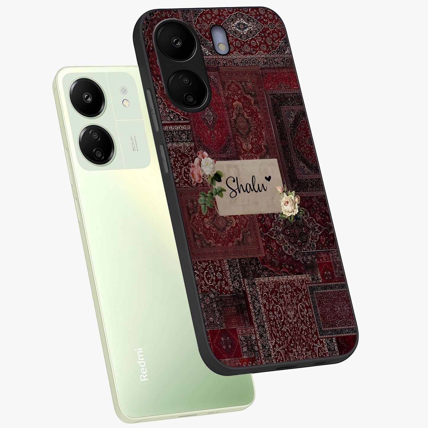 Velvet Wine Pattern Custom Name Glass Case displayed in angled mockup highlighting decorative velvet inspired design with custom name feature.