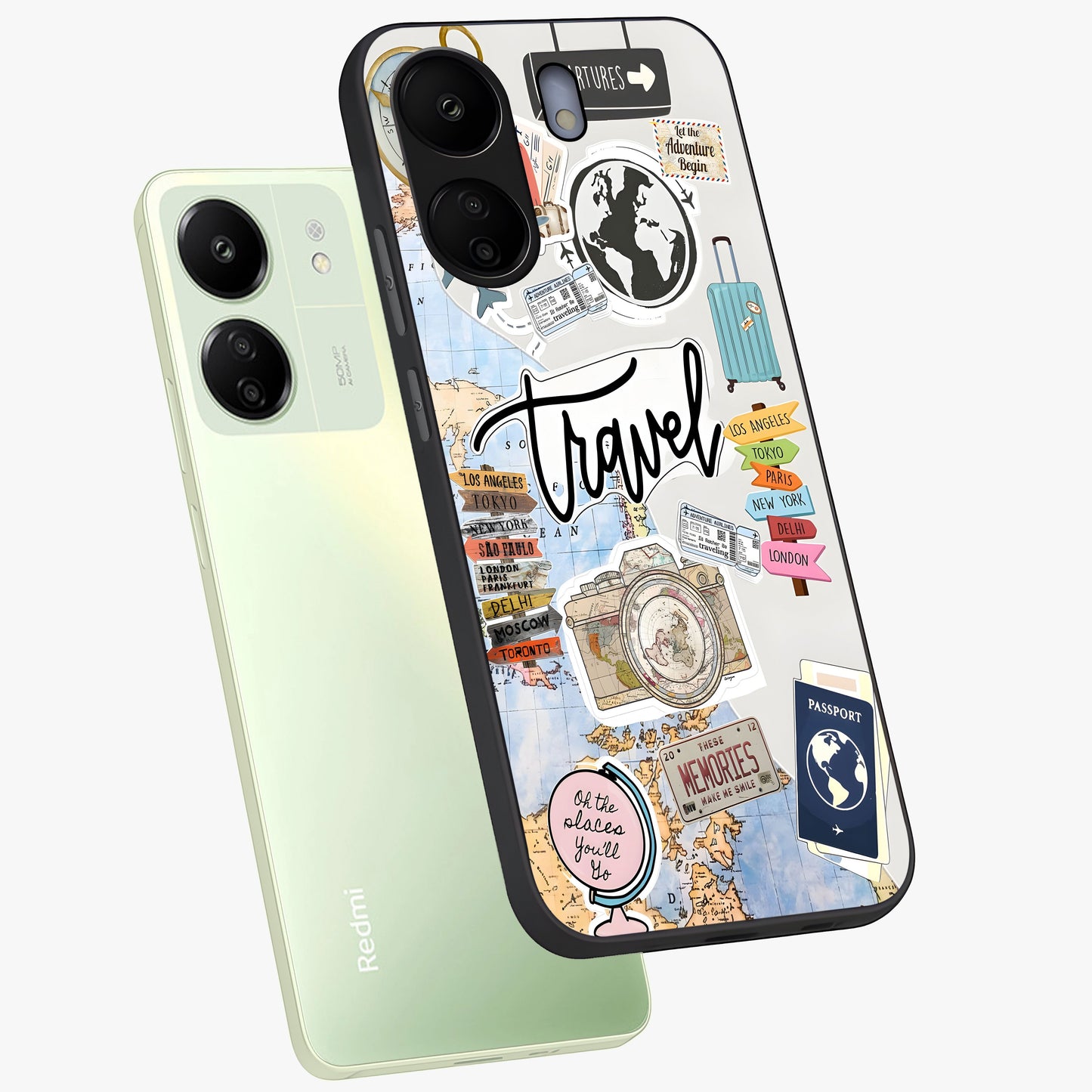 Wanderlust Journal Glass Case displayed in angled mockup highlighting adventure themed design with aesthetic travel vibe.