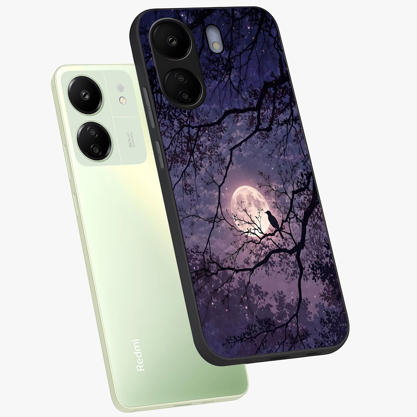 Whispering Moon Silence Glass Case displayed in angled mockup highlighting calm lunar design with dreamy night aesthetic.
