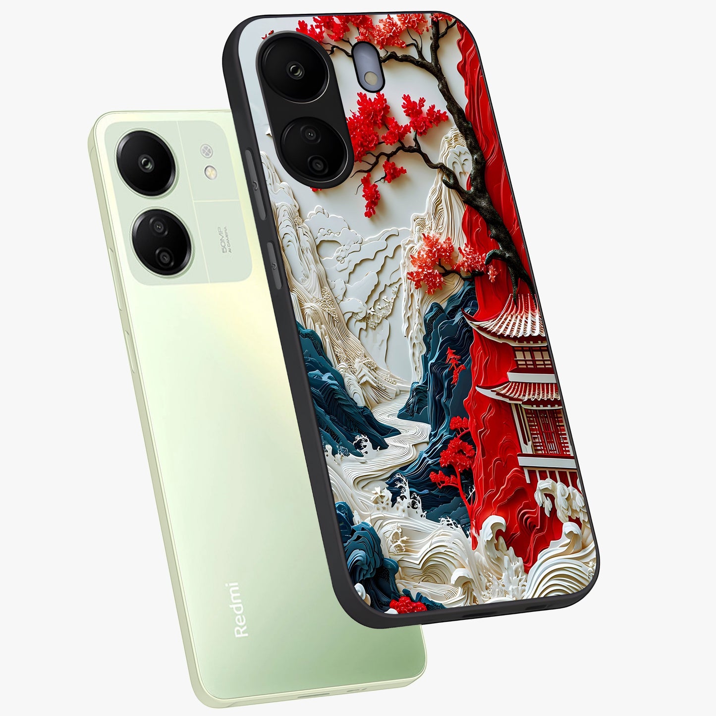 Whispers Of Sakura Waves Glass Case displayed in angled mockup highlighting flowing sakura design with soft floral aesthetic.