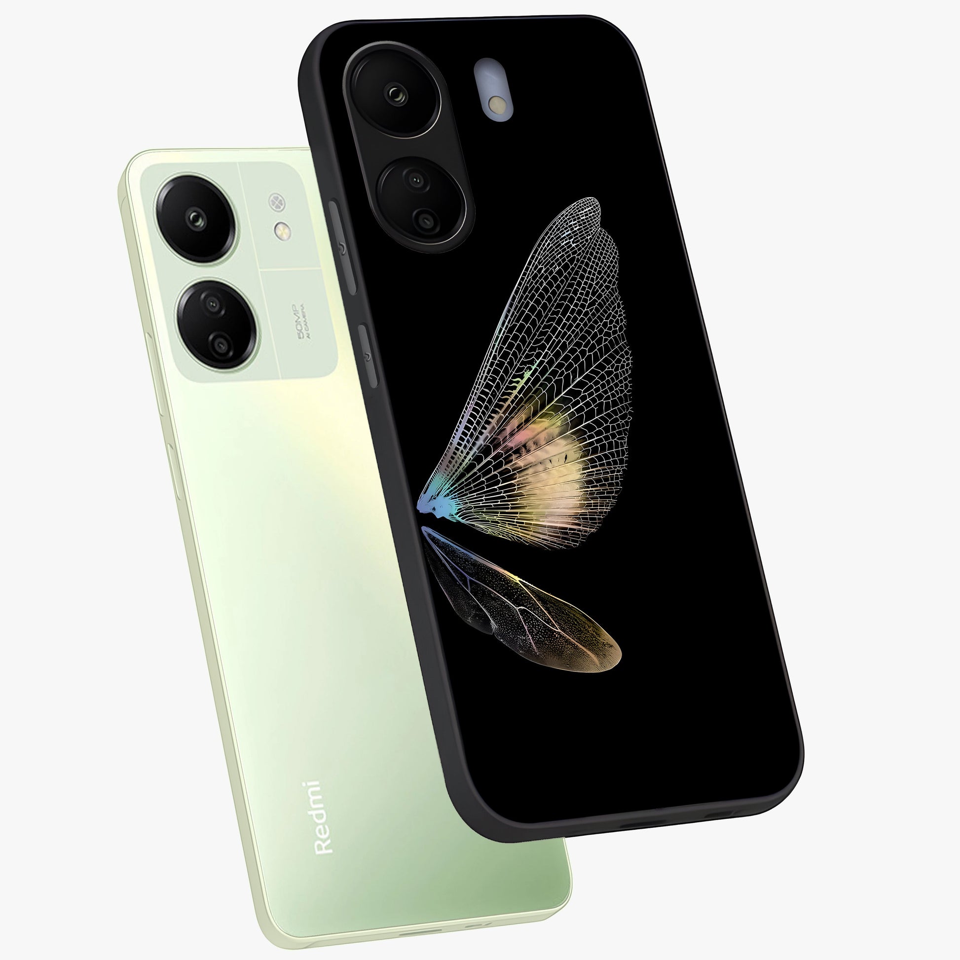 Whispers Of Wings Glass Case displayed in angled mockup highlighting soft feather design with celestial aesthetic style.
