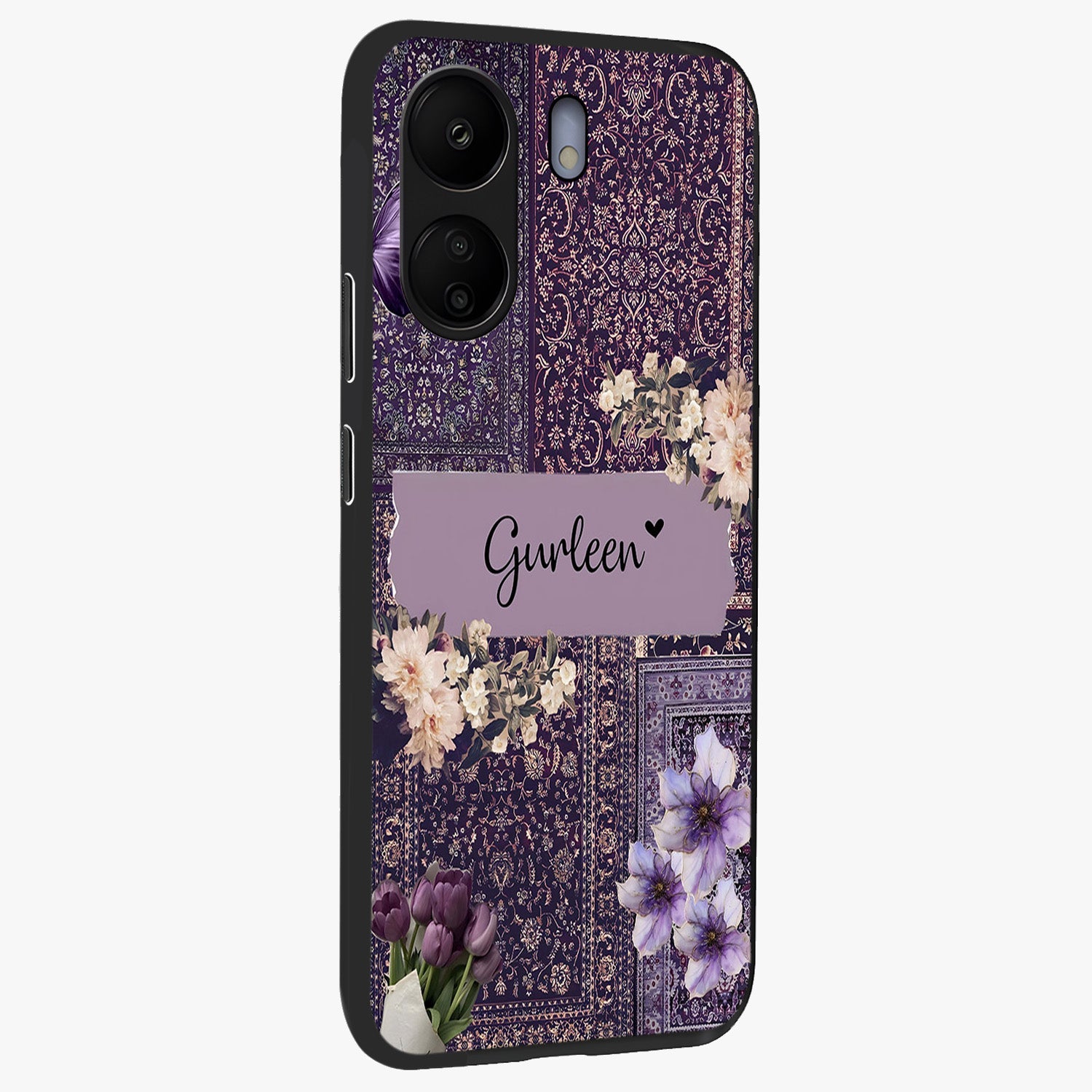 Antique Floral Whisper Custom Name Glass Case upright view showcasing delicate floral artwork with custom name feature.