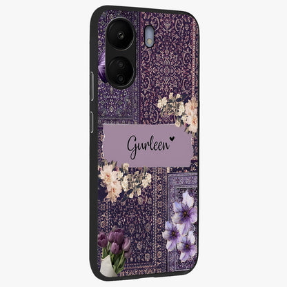 Antique Floral Whisper Custom Name Glass Case upright view showcasing delicate floral artwork with custom name feature.