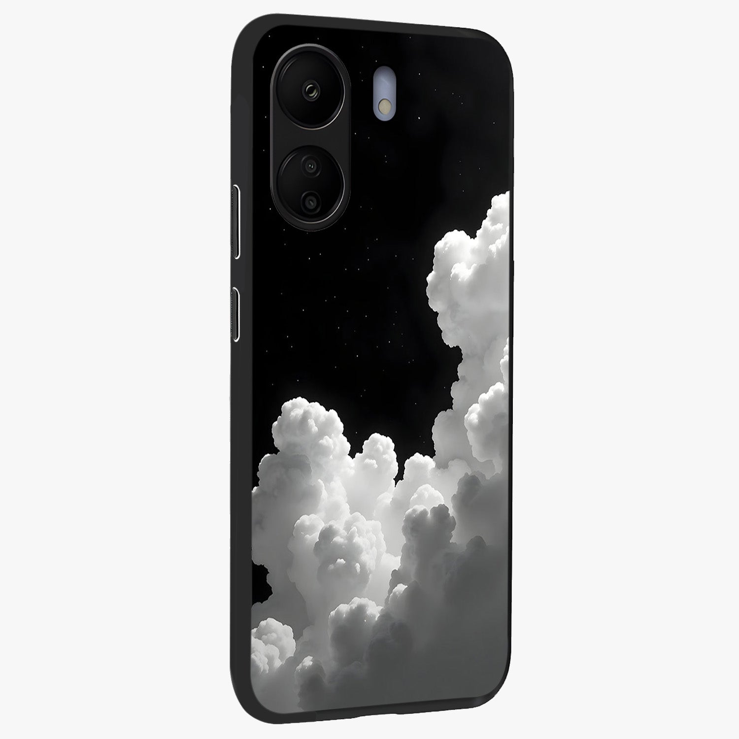 Black Background With White Cloud Glass Case upright view showcasing calm cloud aesthetic with modern minimal style.