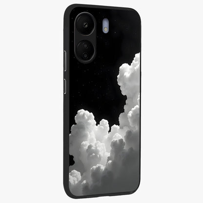 Black Background With White Cloud Glass Case upright view showcasing calm cloud aesthetic with modern minimal style.