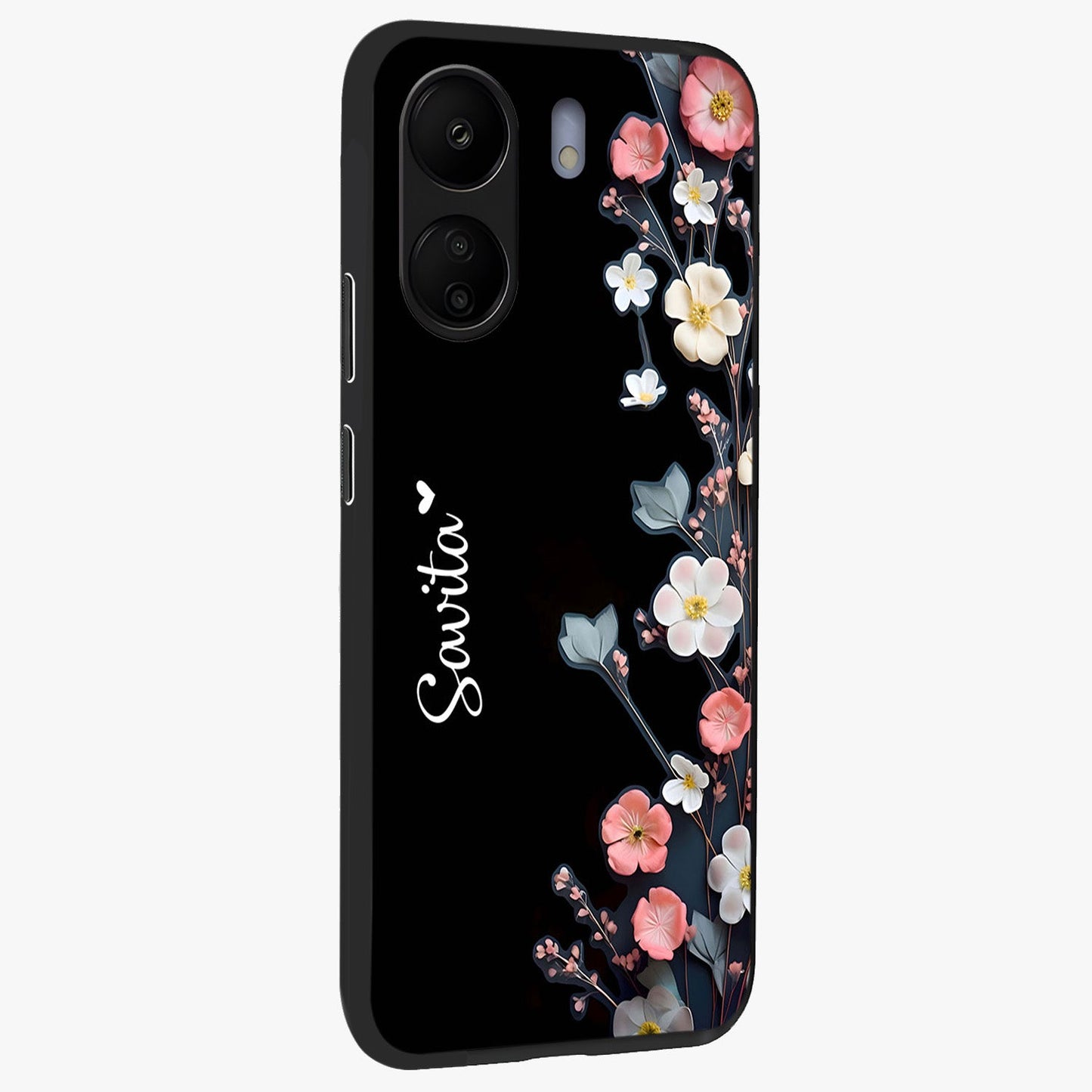 Black Elegance Floral Custom Name Glass Case upright view showcasing luxurious black floral design with personalized name detail.