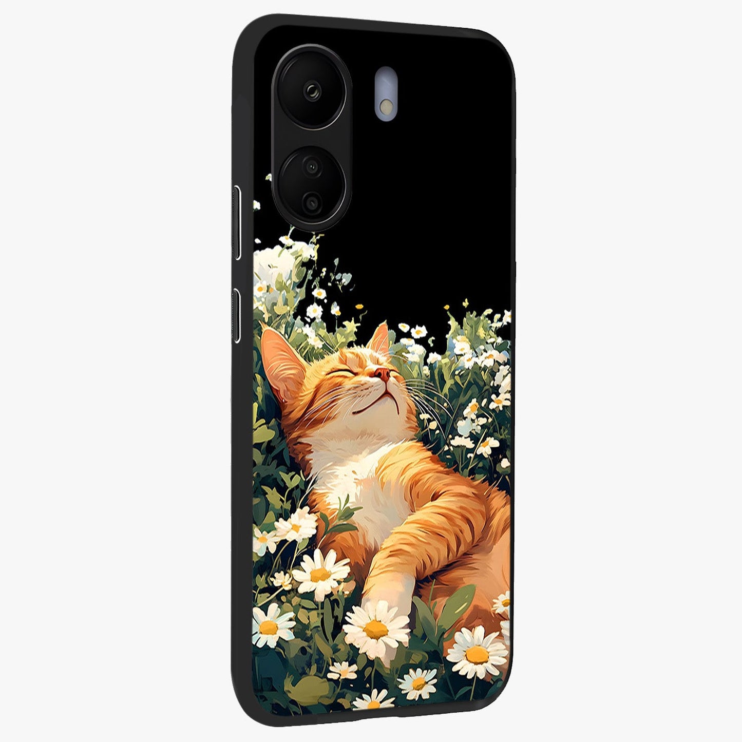 Blissful Bloom Cat Glass Case upright view showcasing charming cat design surrounded by blooming floral elements.