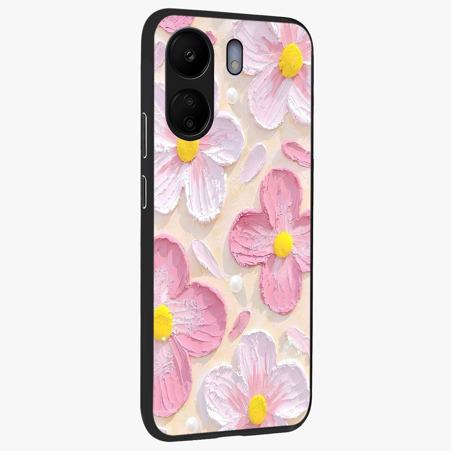 Blush Bloom Texture Glass Case upright view showcasing delicate blush floral texture with modern minimal style.