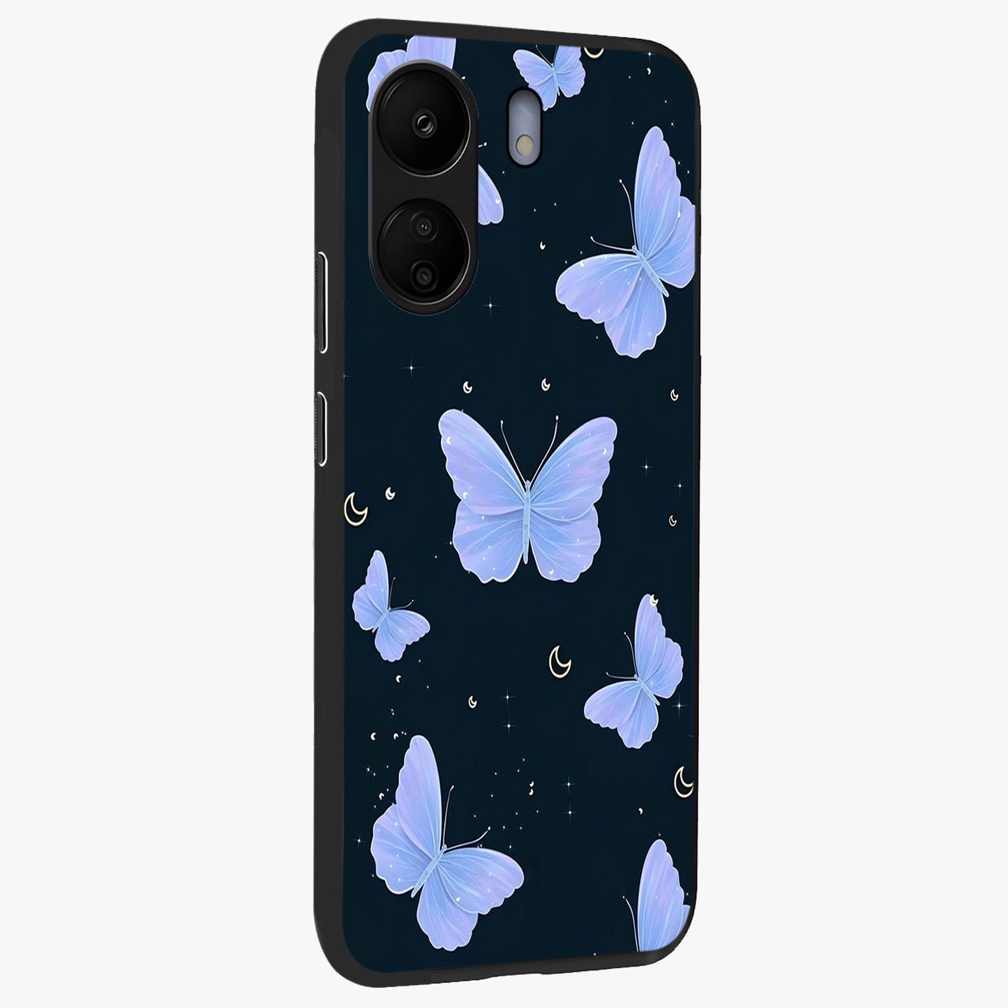 Butterfly With Stars Pattern Glass Case upright view showcasing celestial butterfly artwork with sparkling star elements.