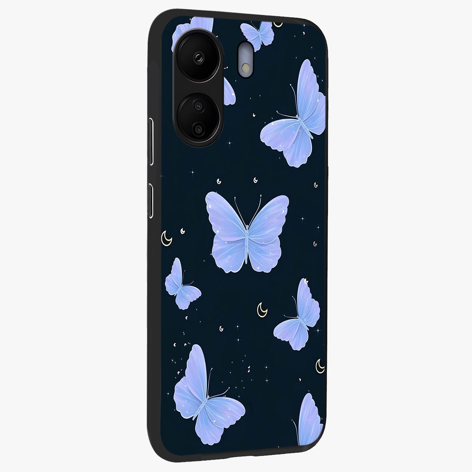 Butterfly With Stars Pattern Glass Case upright view showcasing celestial butterfly artwork with sparkling star elements.