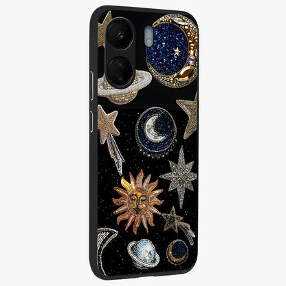 Celestial Gem Constellations Glass Case upright view showcasing cosmic constellation artwork with celestial aesthetic style.