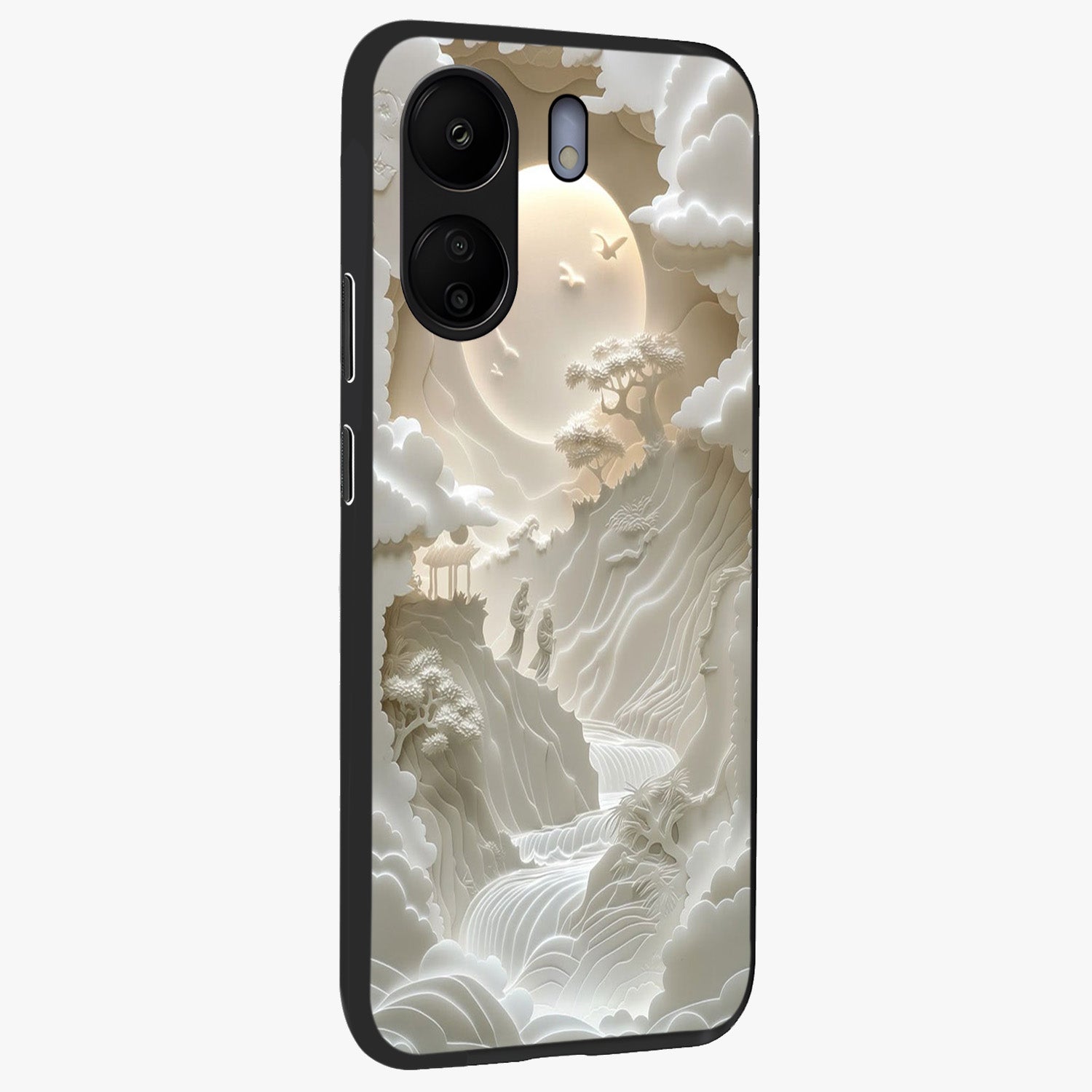 Celestial Origami Glass Case upright view showcasing creative origami artwork with modern celestial style.