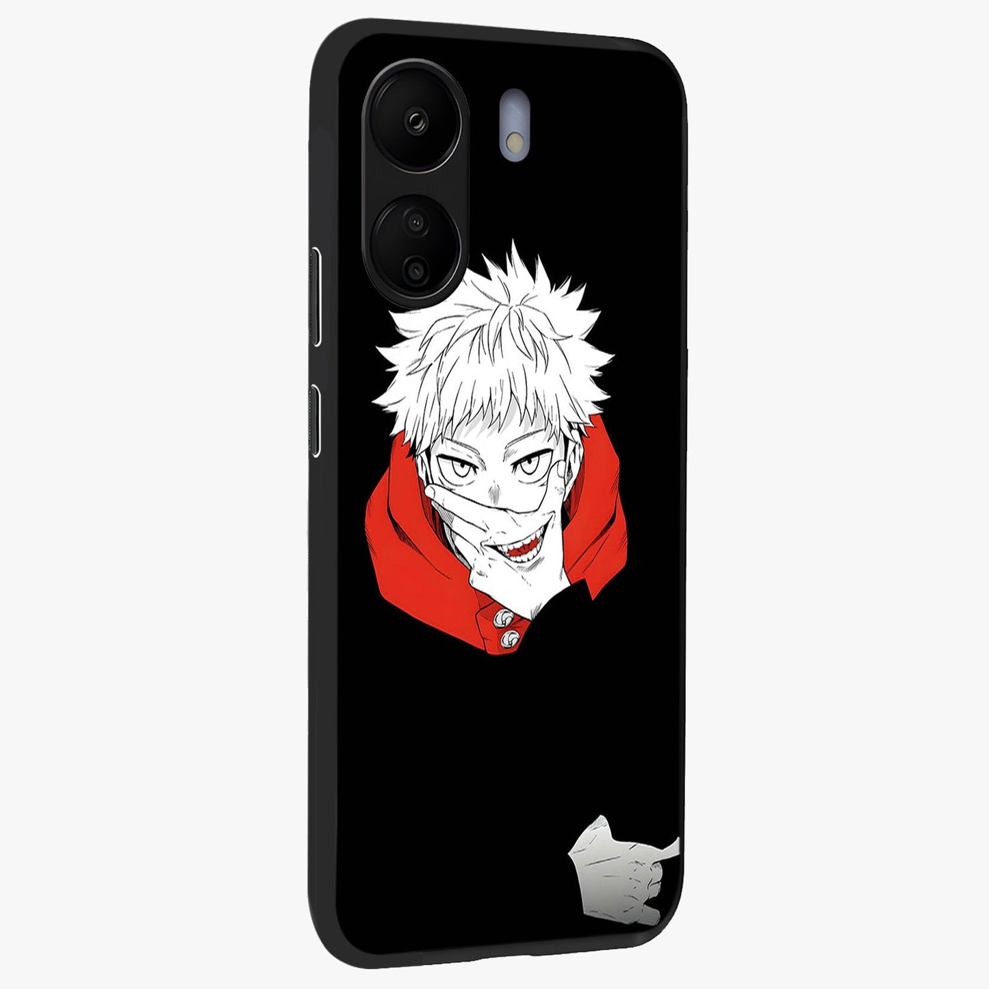 Crimson Chaos Smile Glass Case upright view showcasing expressive chaotic artwork with striking visual theme.
