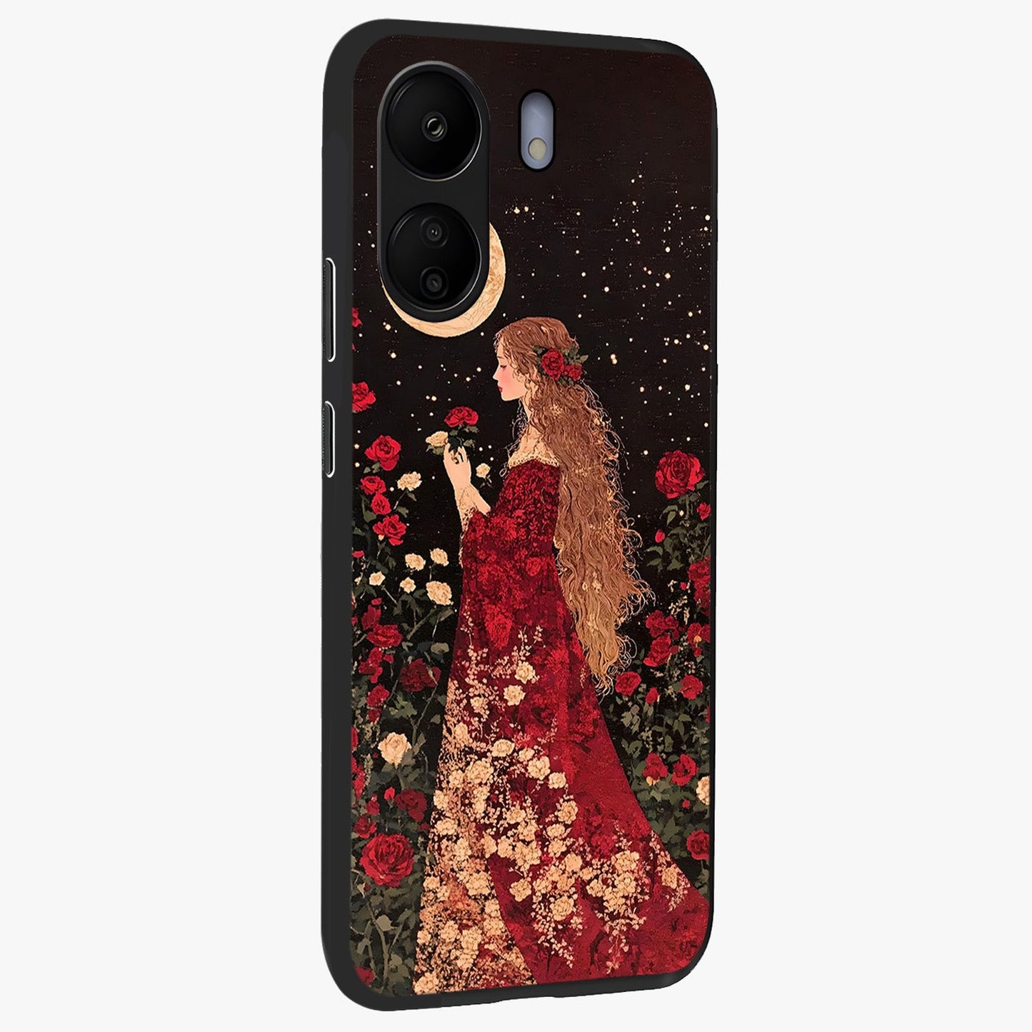 Crimson Dreams Glass Case upright view showcasing dreamy red toned artwork with modern aesthetic style.