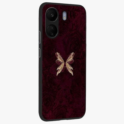 Crimson Fade Butterfly Glass Case upright view showcasing graceful butterfly artwork with soft crimson fade effect.