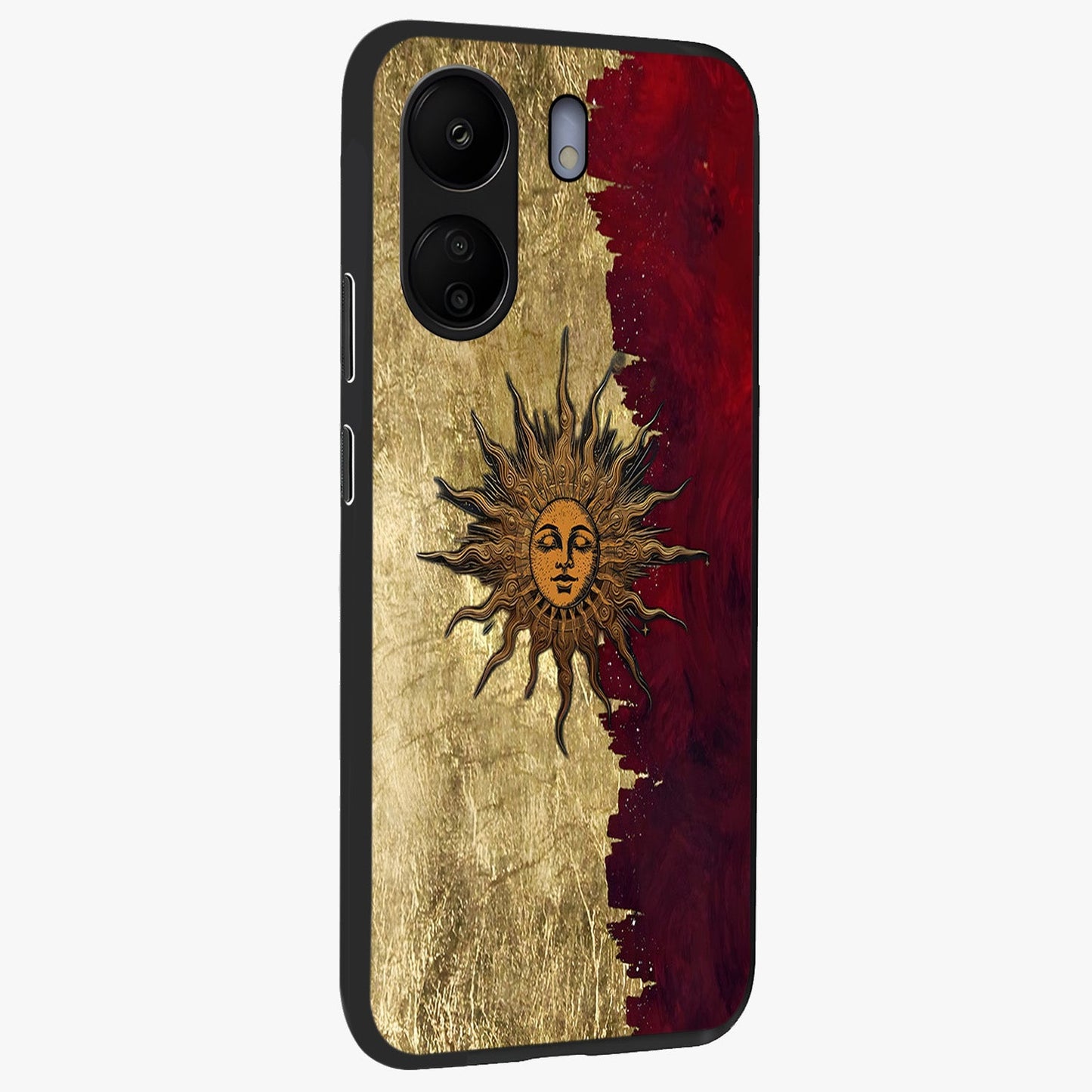 Crimson Sun Majesty Glass Case upright view showcasing vibrant sun artwork with powerful celestial theme.