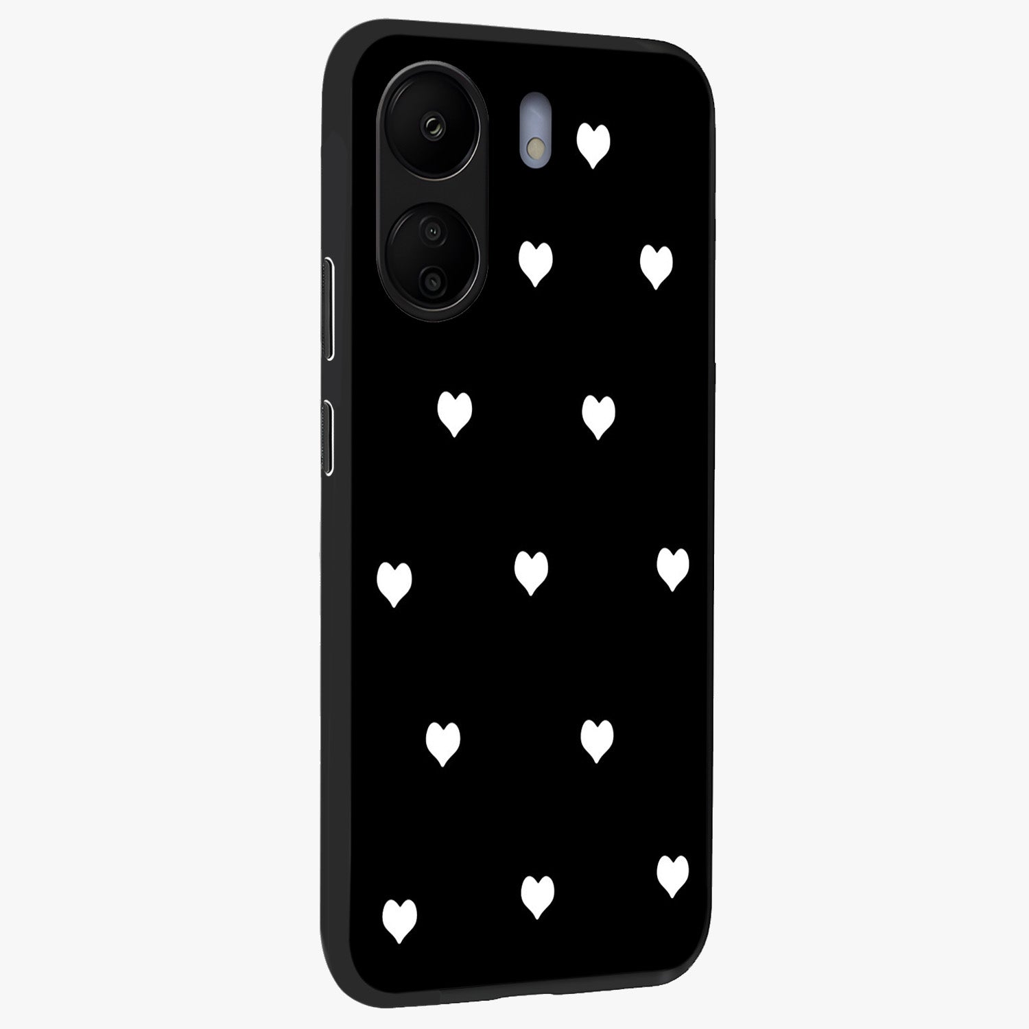 Cute And Simple White Hearts Glass Case upright view showcasing simple white hearts artwork with soft minimal theme.