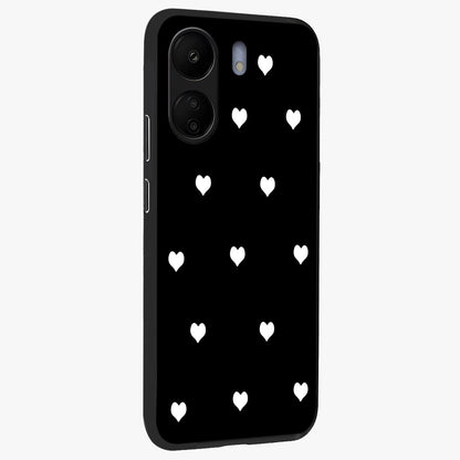 Cute And Simple White Hearts Glass Case upright view showcasing simple white hearts artwork with soft minimal theme.