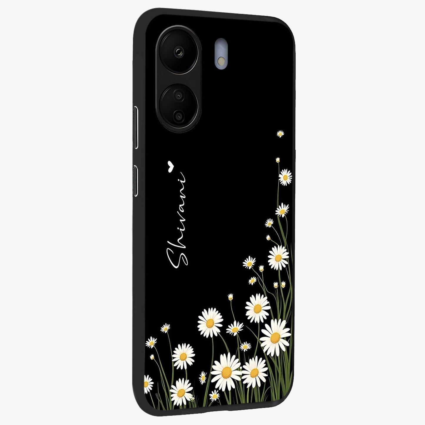 Daisy Cascade Custom Name Glass Case upright view showcasing elegant floral cascade design with personalized aesthetic.