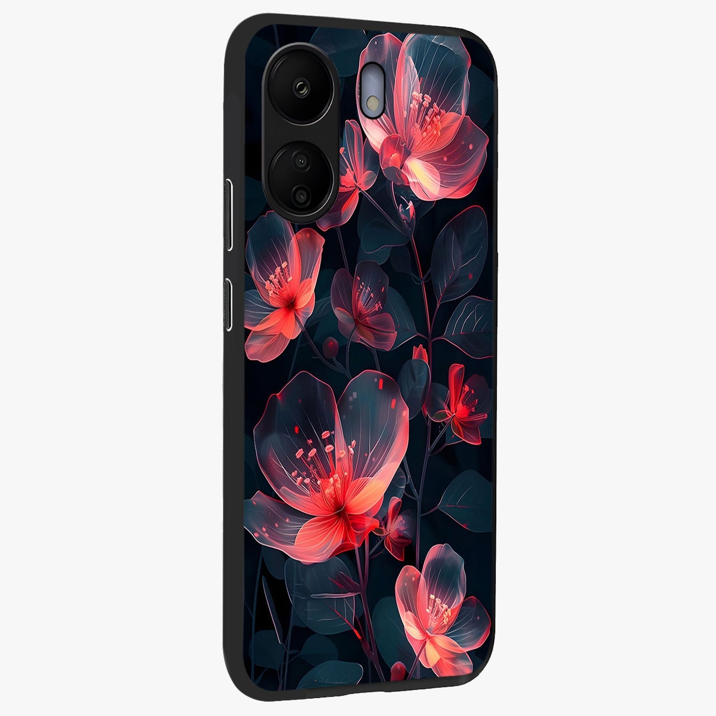 Dark Shade of Flower Glass Case upright view showcasing delicate flower artwork with rich dark floral theme.