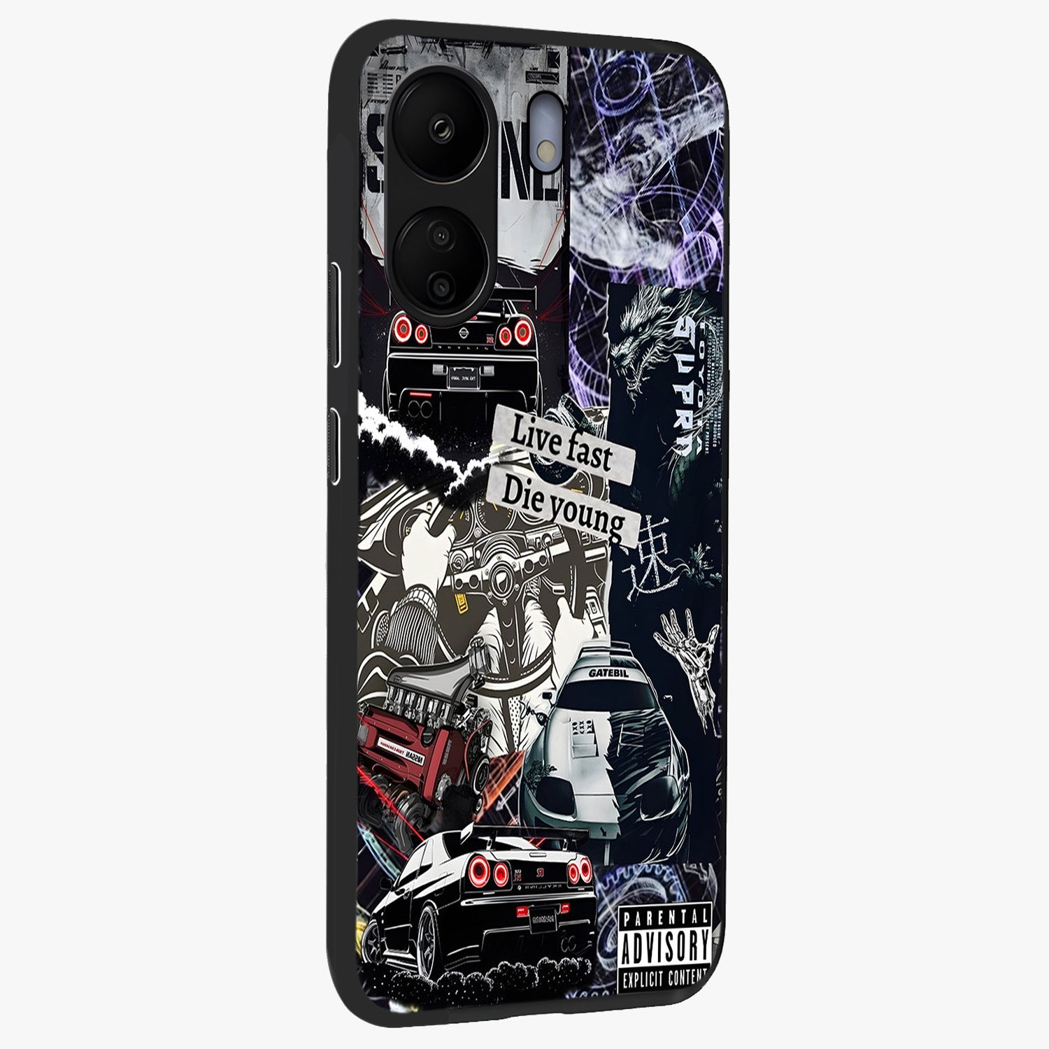 Die Young Glass Case upright view showcasing striking typography artwork with modern statement theme.