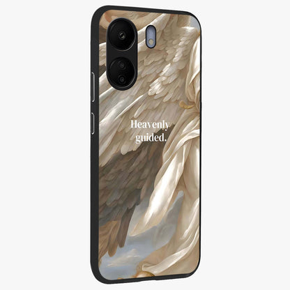 Divine Winged Grace Glass Case upright view showcasing spiritual wing artwork with soft celestial theme.