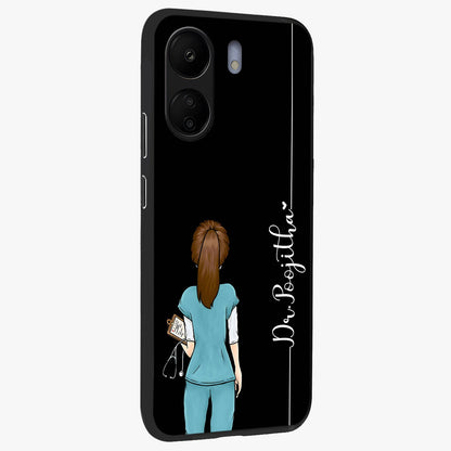 Doctor Pattern Custom Name Glass Case upright view showcasing healthcare themed design with personalized aesthetic.