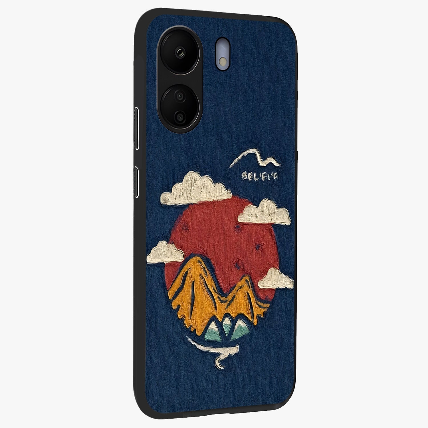 Dream Beyond Mountains Glass Case upright view showcasing beautiful mountain scenery with inspirational nature theme.