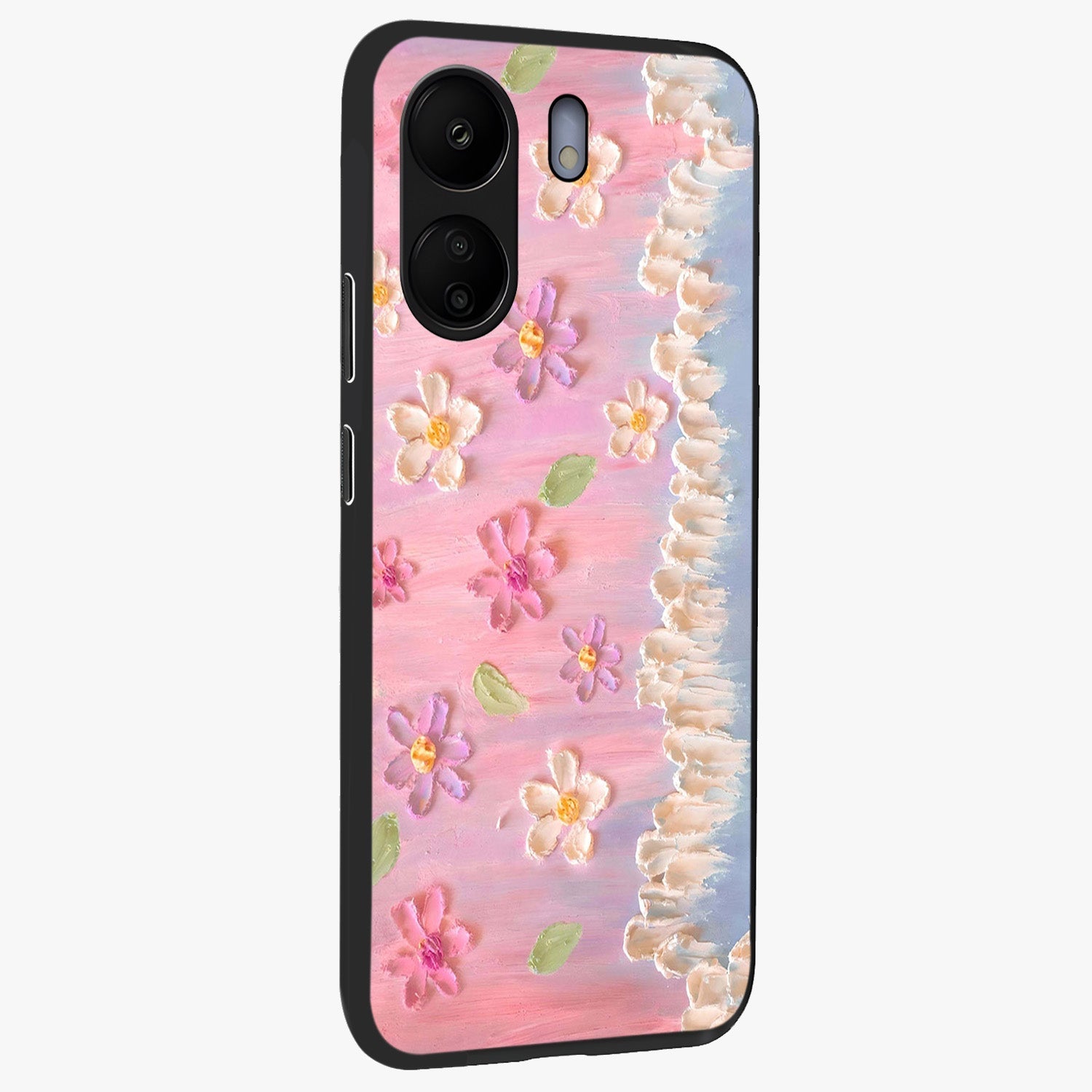 Dreamy Painted Garden Glass Case upright view showcasing vibrant floral garden artwork with artistic nature theme.