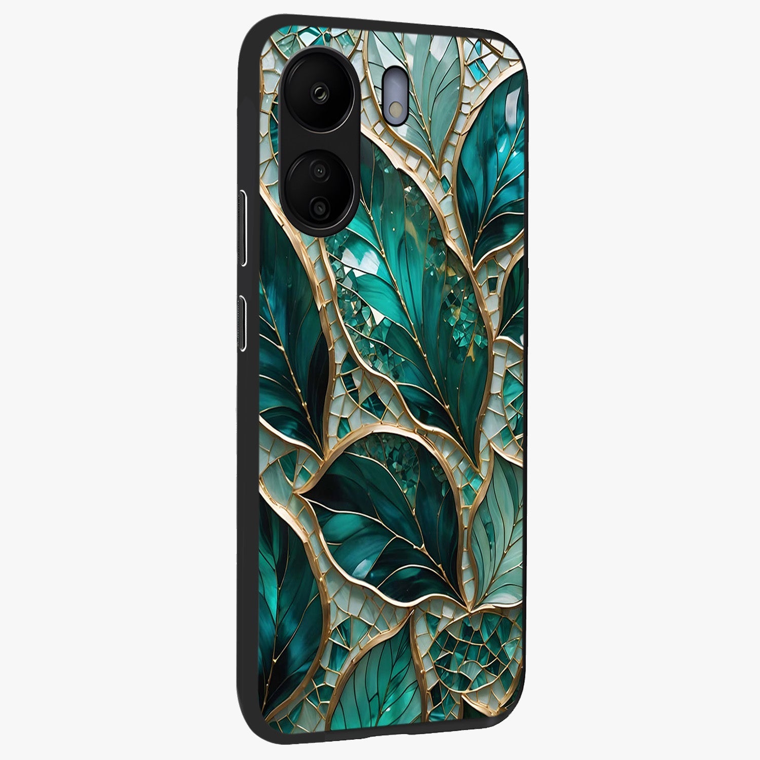Emerald Leaf Glass Glass Case upright view showcasing fresh green leaf artwork with calming nature inspired style.