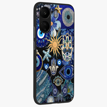 Evil Eye Charm Mix Glass Case upright view showcasing mystical evil eye pattern with vibrant decorative style.