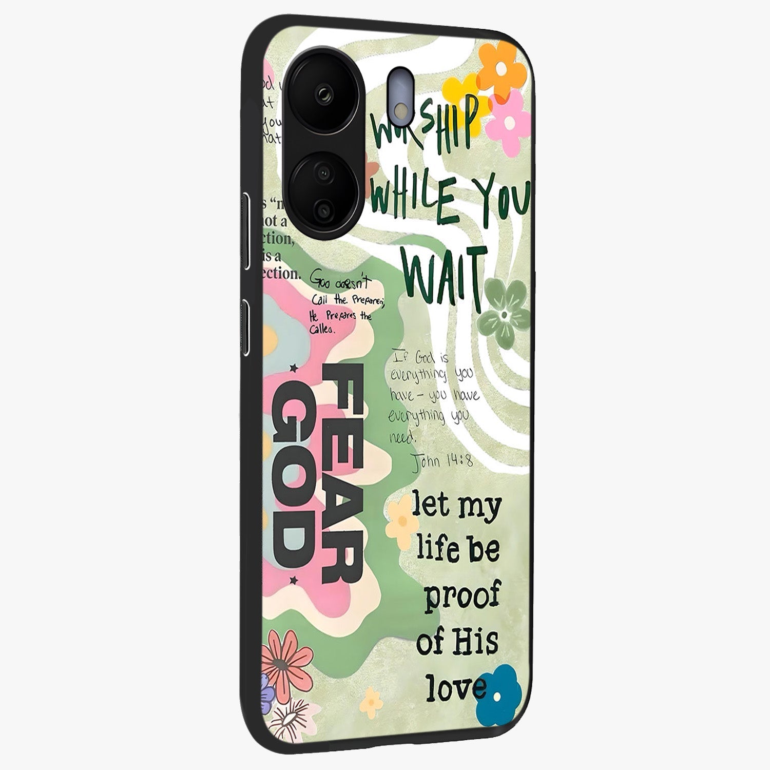 Faith Over Fear Glass Case upright view showcasing bold typography artwork with uplifting motivational theme.