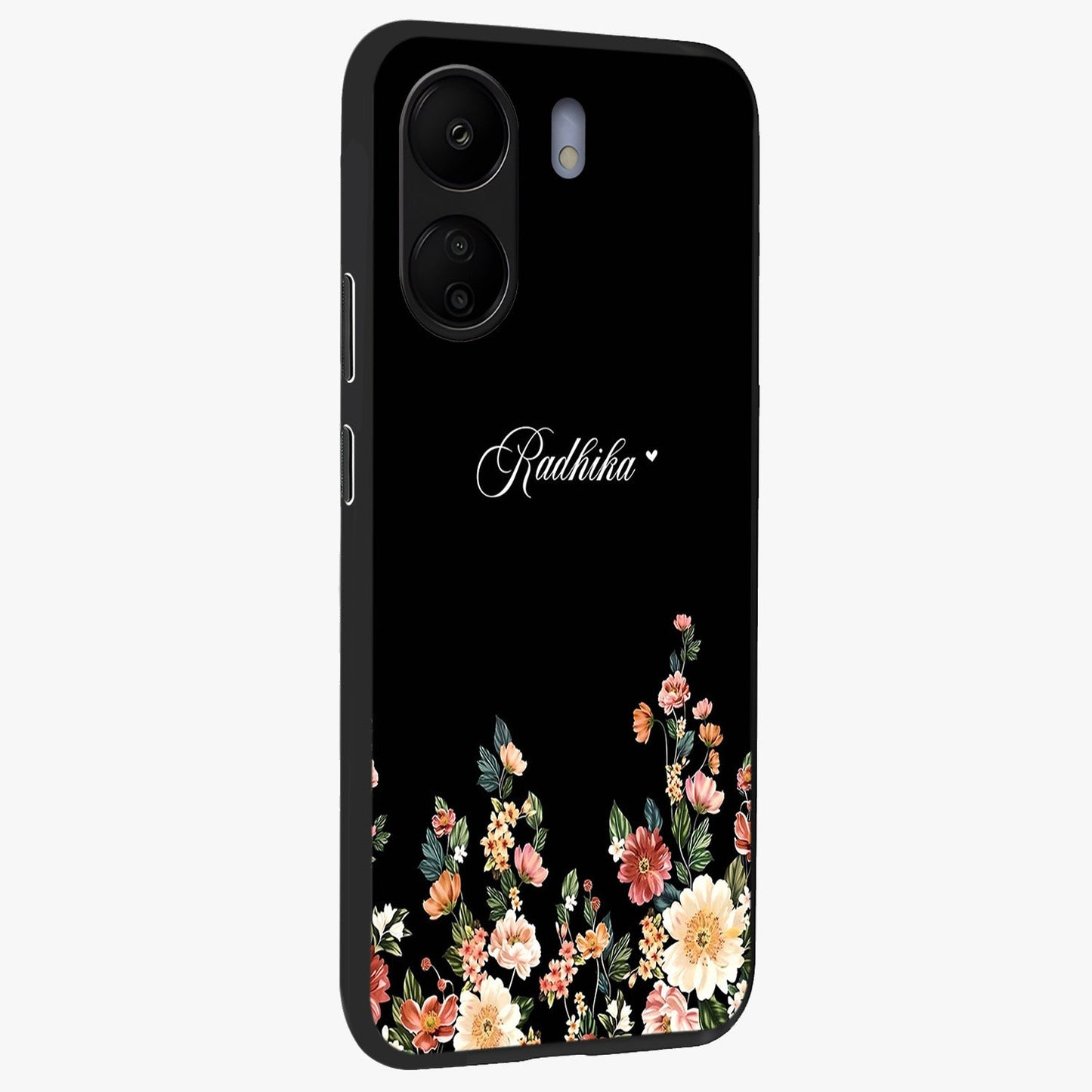 Floral Design With a Custom Personalized Name Glass Case upright view showcasing delicate floral artwork with personalized aesthetic style.