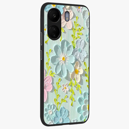 Frosted Petal Garden Glass Case upright view showcasing elegant floral garden artwork with soothing pastel theme.