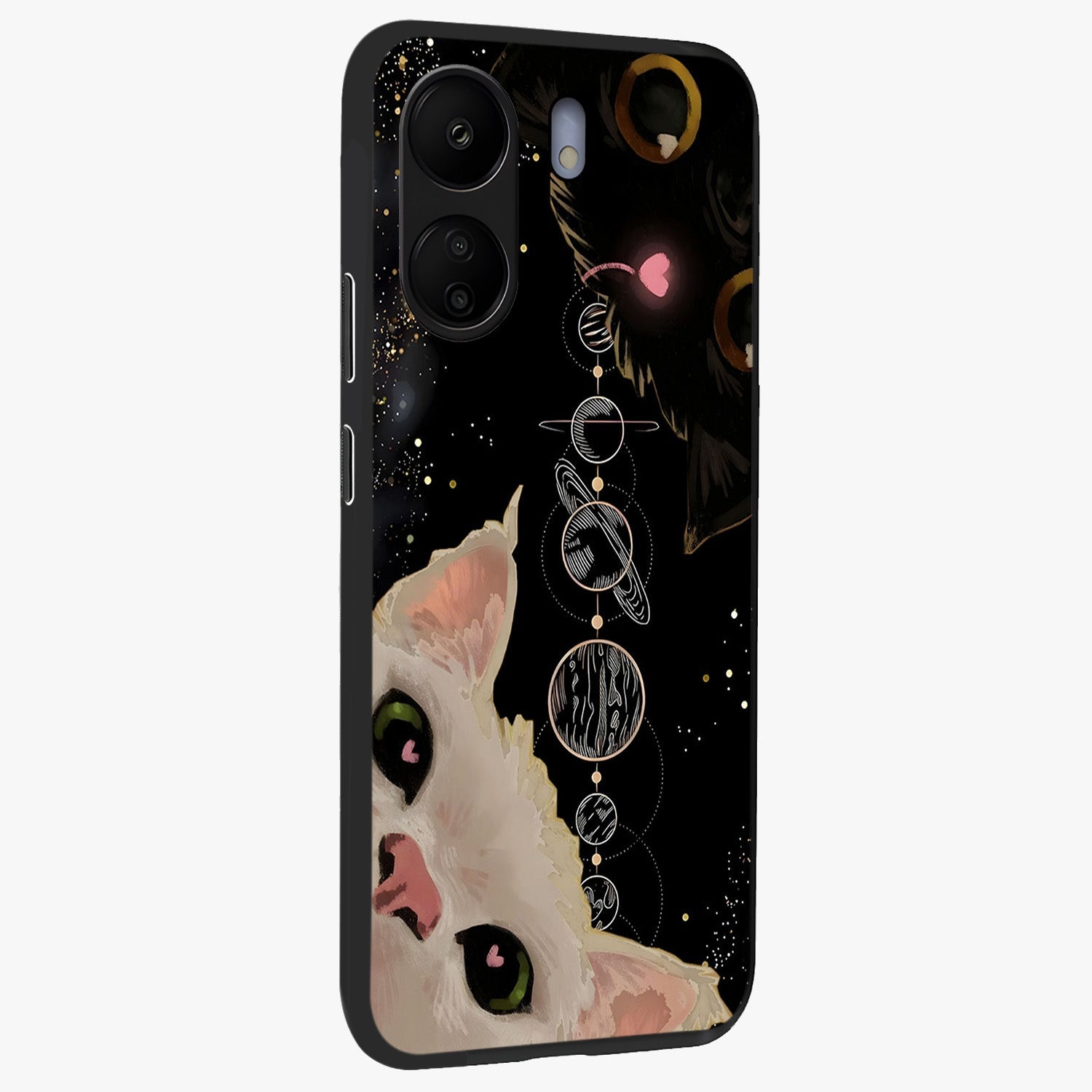 Galactic Cat Glass Case upright view showcasing mystical cat artwork with dreamy cosmic theme.