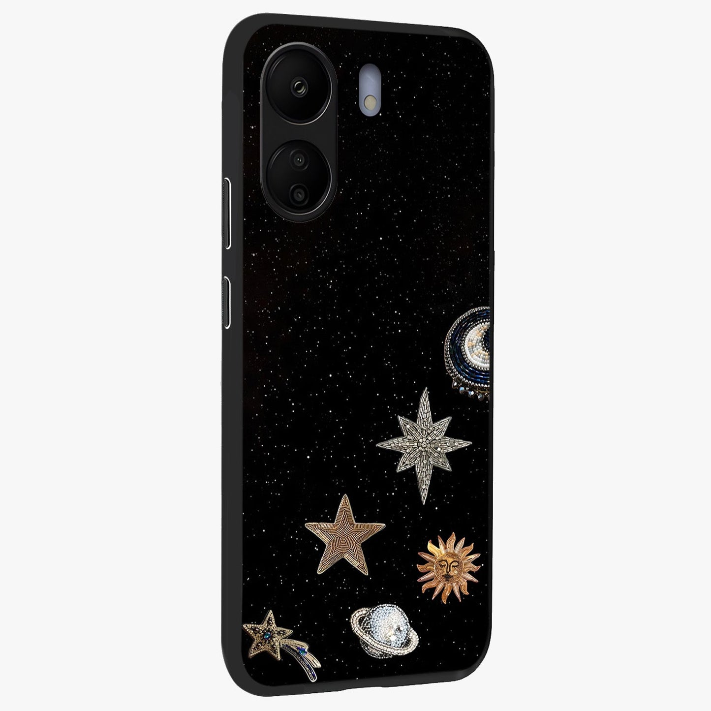 Galactic Charm Glow Glass Case upright view showcasing glowing cosmic charm artwork with magical celestial style.
