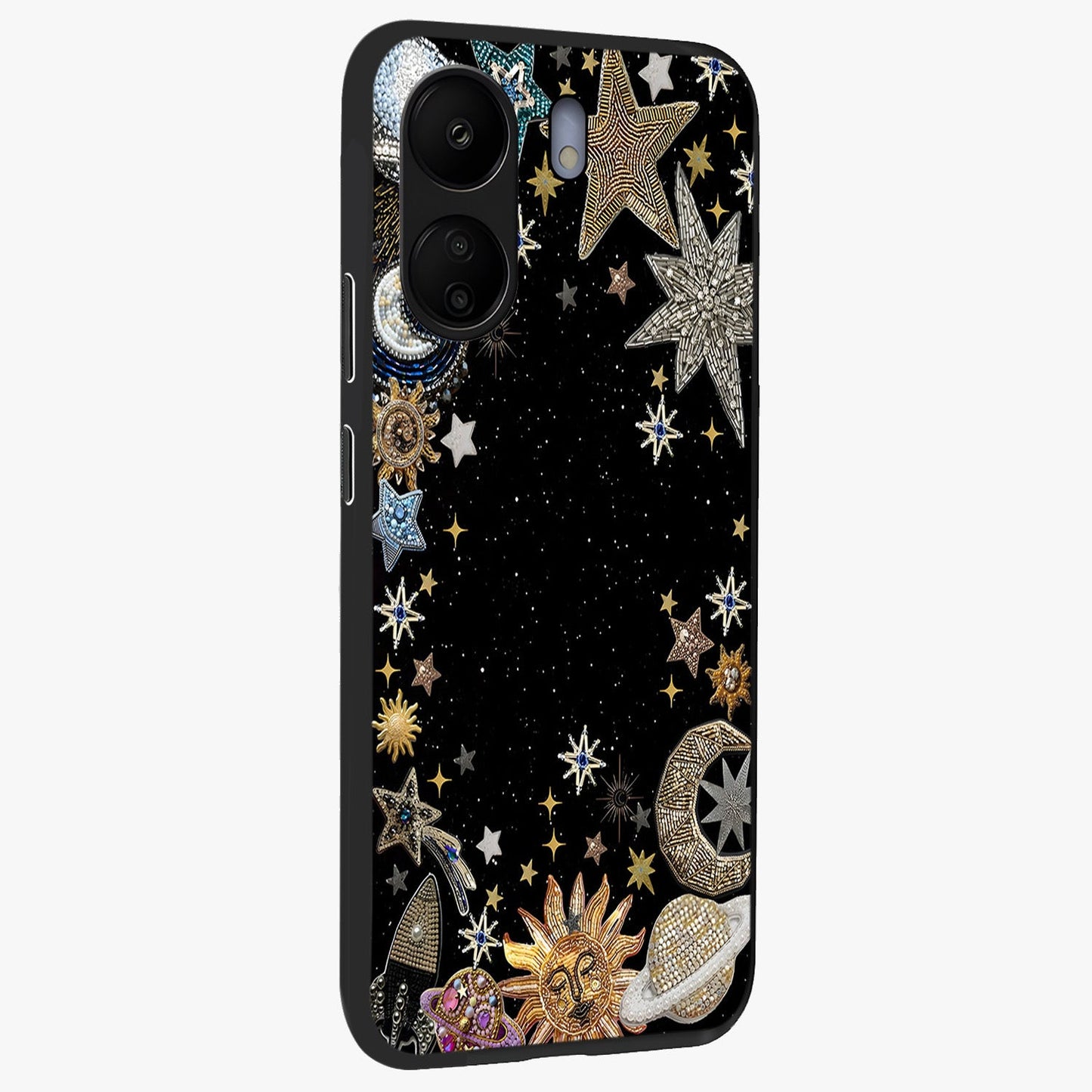 Galactic Jewel Stars Glass Case upright view showcasing glittering star jewel artwork with vibrant galaxy theme.